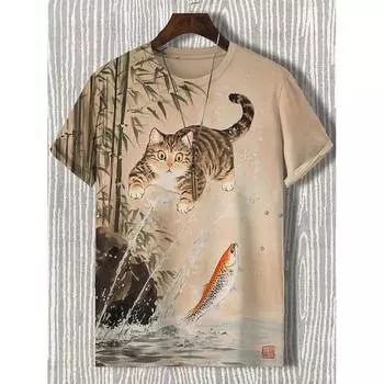 Мужская футболка с 3D принтом кота-тяжеловеса, забавный мультяшный принт, футболка с короткими рукавами, повседневная одежда, графические модные повседневные футболки с круглым вырезом, топы XXS