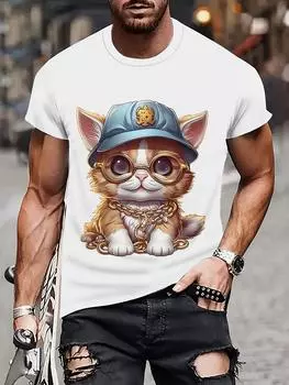 Мужская футболка с 3D принтом кота в очках и коротким рукавом, легкая универсальная футболка для летней повседневной носки