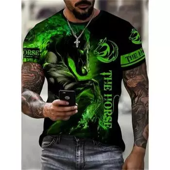 Мужская футболка с 3D-принтом лошади, удобная футболка с круглым вырезом и коротким рукавом, подходит для лета, футболка с коротким рукавом S