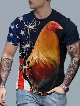Мужская футболка с 3D-принтом «Петух и звезда» в винтажном стиле — повседневная, с круглым вырезом, короткий рукав, летняя уличная одежда для активного отдыха, полиэстер, можно стирать в стиральной машине S темно-синий
