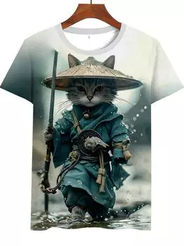 Мужская футболка с 3D-принтом Samurai Cat - повседневная футболка с коротким рукавом и круглым вырезом для летней уличной моды S