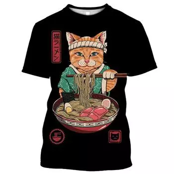Мужская футболка с 3D принтом самурая и кота, свободный топ с круглым вырезом, дышащая удобная летняя повседневная одежда больших размеров XS