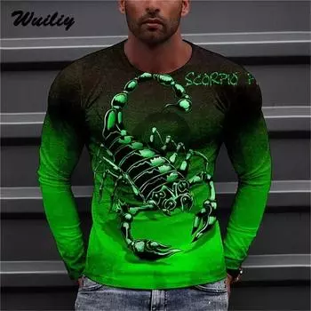 Мужская футболка с 3D принтом «Скорпион», крутая мужская футболка с круглым вырезом и длинными рукавами, модная повседневная уличная футболка в стиле хип-хоп большого размера S