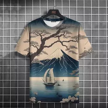 Мужская футболка с 3D-принтом Ukiyo-E, свитер с короткими рукавами, уличная футболка, свободная спортивная рубашка, повседневная мужская одежда больших размеров L
