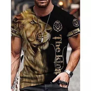 Мужская футболка с 3D-принтом в виде льва с круглым вырезом, повседневная футболка с коротким рукавом, уличная одежда, мужская футболка, свободная футболка S