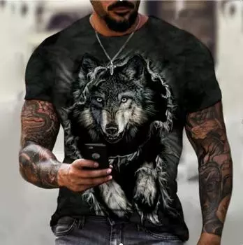 Мужская футболка с 3d принтом волка, свободная повседневная молодежная модная модная футболка с коротким рукавом с круглым вырезом S