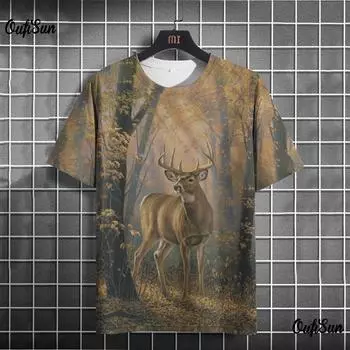 Мужская футболка с 3d животным принтом и узором оленя, модные уличные пуловеры с короткими рукавами и круглым вырезом, мужская одежда больших размеров S