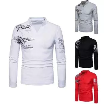 Мужская футболка с английским буквенным принтом и v-образным вырезом, воротник-стойка, футболка с длинными рукавами