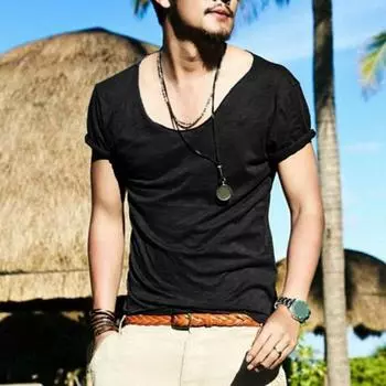 Мужская футболка с большим V-образным вырезом, тонкая, однотонная, приталенная, мягкая, с короткими рукавами, средней длины S чёрный