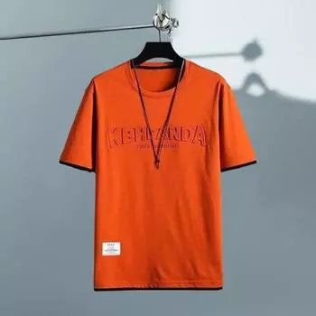 Мужская футболка с буквенным принтом, однотонная, с винтовым вырезом, короткая, искусственная, из двух частей, цветные рукава, средней длины, свободная, повседневная, повседневная, спортивная L оранжевый