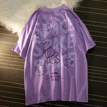 Мужская футболка с буквенным принтом, японский мультяшный медведь, граффити, большой размер, стильный вырез с короткими рукавами, повседневная одежда, топ для пар L чёрный