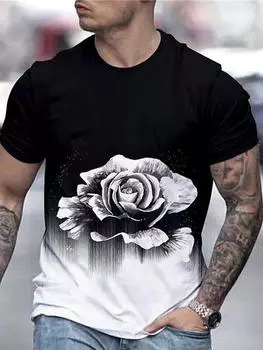 Мужская футболка с черно-белыми цветами и 3D принтом, модная уличная одежда, топы, мужская футболка, летняя футболка с коротким рукавом XS чёрный