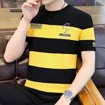 Мужская футболка с цветными блоками в полоску, тонкие короткие рукава, свободная буквенная вышивка с круглым вырезом, большие размеры XL синий