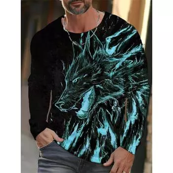 Мужская футболка с длинным рукавом, 3D-принт, изображение волка, нарисованное вручную, мужская осенняя футболка с круглым вырезом S