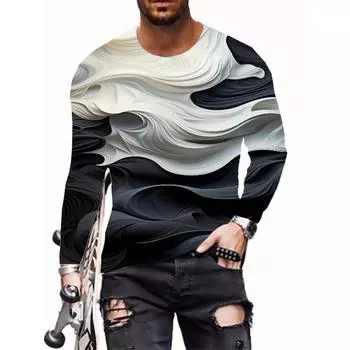Мужская футболка с длинным рукавом и абстрактным узором в виде завитков, повседневный трикотажный топ из полиэстера с круглым вырезом на весну/осень S