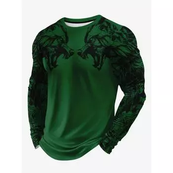 Мужская футболка с длинным рукавом и круглым вырезом, с рисунком волка в стиле фрихенд, повседневная и удобная S