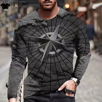 Мужская футболка с длинным рукавом и круглым вырезом в винтажном стиле. Мужская одежда. Футболки с винтажной графикой и 3D-принтом. Дышащие футболки для мужчин. S