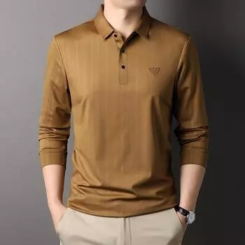 Мужская футболка с длинным рукавом и лацканами на весну и осень, полосатая нагрудная нашивка с принтом, эластичная бесшовная повседневная рубашка-поло M