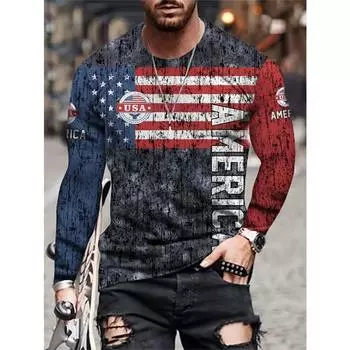 Мужская футболка с длинным рукавом и принтом флага США в винтажном стиле, дышащая футболка для лета — идеально подходит для патриотической мужской одежды и повседневных выходов M