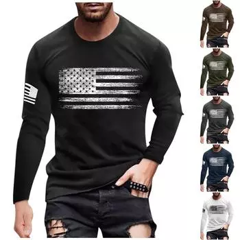 Мужская футболка с длинным рукавом и принтом осеннего флага Мужская повседневная футболка с длинным рукавом и круглым вырезом L армия зеленый
