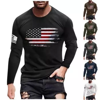 Мужская футболка с длинным рукавом и принтом осеннего флага Мужская повседневная футболка с длинным рукавом и круглым вырезом L армия зеленый
