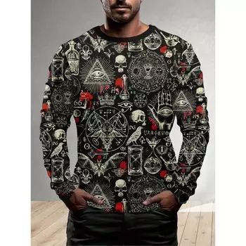 Мужская футболка с длинным рукавом и принтом в виде черепа и летучей мыши в стиле ретро — повседневная, удобная футболка с 3D-принтом на весну/осень S