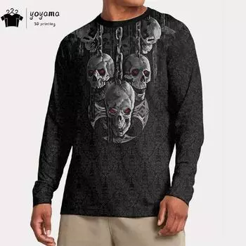 Мужская футболка с длинным рукавом и принтом черепа Мужская одежда Модная футболка Мужские футболки для мужчин Футболки с круглым вырезом и принтом черепа Топы S