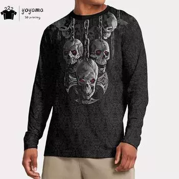 Мужская футболка с длинным рукавом и принтом черепа Мужская одежда Модная футболка Мужские футболки для мужчин Футболки с круглым вырезом и принтом черепа Топы S