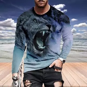 Мужская футболка с длинным рукавом и принтом льва в цифровом формате, повседневный пуловер S