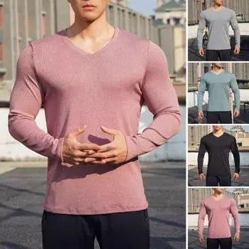 Мужская футболка с длинным рукавом и V-образным вырезом, облегающая футболка для тренировок, спортивная футболка, повседневный базовый слой, топ для спортзала, фитнеса, повседневная одежда S розовый