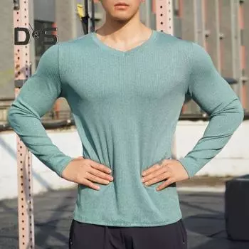 Мужская футболка с длинным рукавом и V-образным вырезом, облегающая футболка для тренировок, спортивная футболка, повседневный базовый слой, топ для спортзала, фитнеса, повседневная одежда S светло-серый