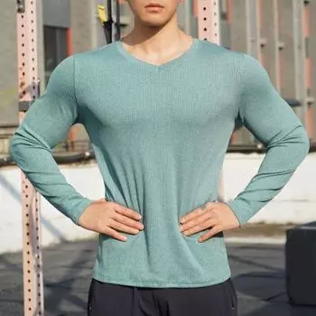 Мужская футболка с длинным рукавом и V-образным вырезом, облегающая футболка для тренировок, спортивная футболка, повседневный базовый слой, топ для спортзала, фитнеса, повседневная одежда S чёрный