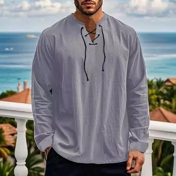 Мужская футболка с длинным рукавом и завязками, легкая дышащая футболка с V-образным вырезом, однотонная, пляжный стиль, лето-весна, повседневный мужской топ S серый