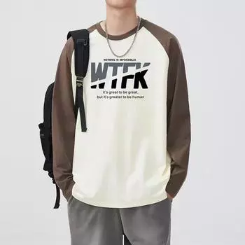 Мужская футболка с длинным рукавом из чистого хлопка реглан, осень 2024 г. 2XL синий/белый