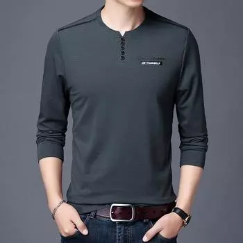 Мужская футболка с длинным рукавом, мужская осенняя футболка с буквенным принтом снизу, мужская футболка на пуговицах, мужская одежда M чёрный