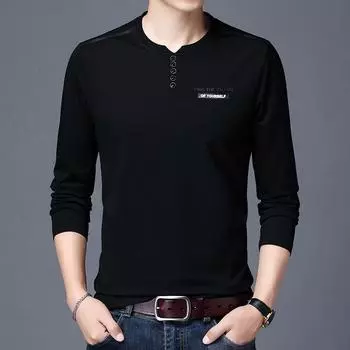 Мужская футболка с длинным рукавом, мужская осенняя футболка с буквенным принтом снизу, мужская футболка на пуговицах, мужская одежда M серый