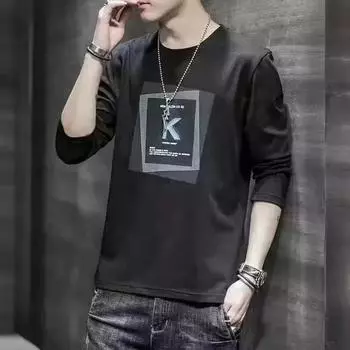 Мужская футболка с длинным рукавом, осенняя, новая, корейская, облегающая, модная, с принтом, базовый слой, повседневный топ, одежда для трансграничных поездок M