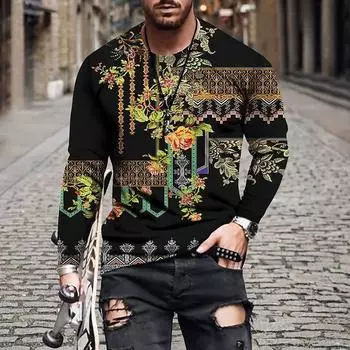 Мужская футболка с длинным рукавом, повседневный трендовый пуловер с 3D-принтом, круглый вырез, низ, верх S