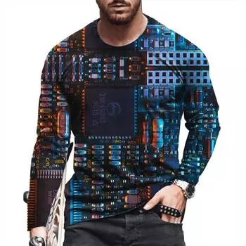 Мужская футболка с длинным рукавом с 3D-принтом, повседневная модная футболка с круглым вырезом и печатной платой, свободная спортивная футболка в уличном стиле в стиле панк S