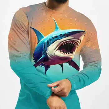 Мужская футболка с длинным рукавом с 3D-цифровым принтом акулы, обычная походная футболка со случайным принтом S