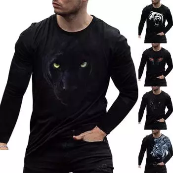 Мужская футболка с длинным рукавом с принтом животных, повседневная блузка с круглым вырезом, осенний топ M красный