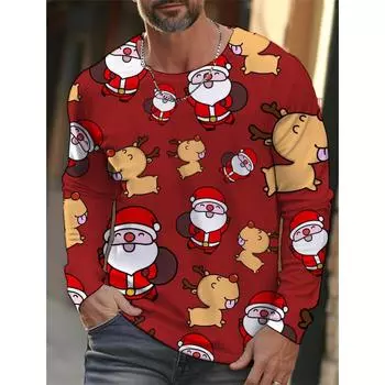 Мужская футболка с длинным рукавом с принтом Санта-Клауса, рождественский мультяшный узор, спортивная повседневная, милая, из полиэстера, с круглым вырезом и длинным рукавом S