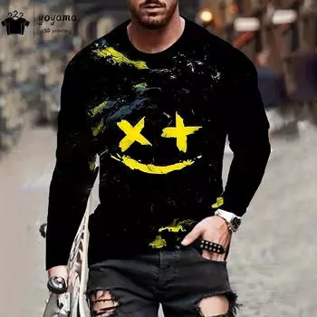 Мужская футболка с длинным рукавом с принтом «Улыбка» Мужская одежда Простые футболки для мужчин Уличные хип-хоп футболки с принтом «Улыбка» Топы с 3D-принтом S