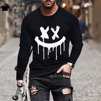 Мужская футболка с длинным рукавом с принтом «Улыбка» Мужская одежда Простые футболки для мужчин Уличные хип-хоп футболки с принтом «Улыбка» Топы с 3D-принтом S