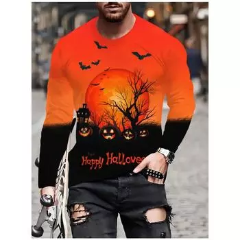 Мужская футболка с длинным рукавом с рисунком тыквы на Хэллоуин, зимняя длинная теплая одежда, модная мужская свободная футболка большого размера 2024 года, блузка S