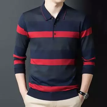 Мужская футболка с длинным рукавом, вязаная повседневная полосатая модель свитера M красный