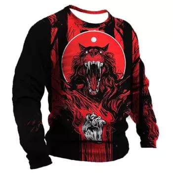 Мужская футболка с длинным рукавом, зимние футболки с 3D-принтом животных, уличная мода, топы с рисунком волка, футболки, свободная мужская одежда 2XS