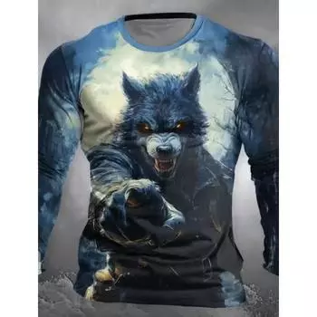 Мужская футболка с длинными рукавами, 3D-принт с изображением волка в высоком разрешении, мужские осенние топы, повседневная футболка с круглым вырезом S