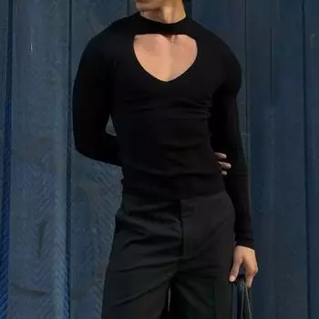 Мужская футболка с длинными рукавами и эластичным кроем, однотонная, с круглым вырезом S чёрный