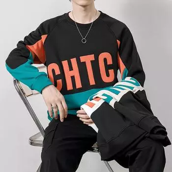 Мужская футболка с длинными рукавами и контрастными цветными вставками, мужская модная повседневная рубашка на весну и осень, свободный свитшот с круглым вырезом M